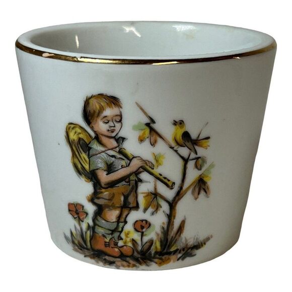 Vtg Price Imports Japan Ceramic Planter Girl Dandelion Flowers Boy Bird Gold Rim - Picture 2 of 7